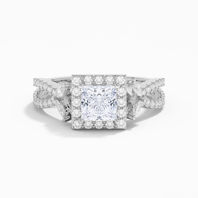 Crossover Nature Leaf Halo Engagement Ring Moissanite 1.00ct Princess 925 Sterling Silver