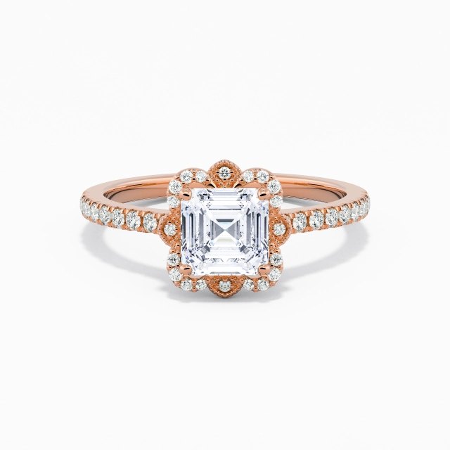 Argent sterling 925 Halo Cathédrale Bague de fiançailles Placage Or rose 18 carats Rétro Asscher Moissanite 1.00ct Tige Droite