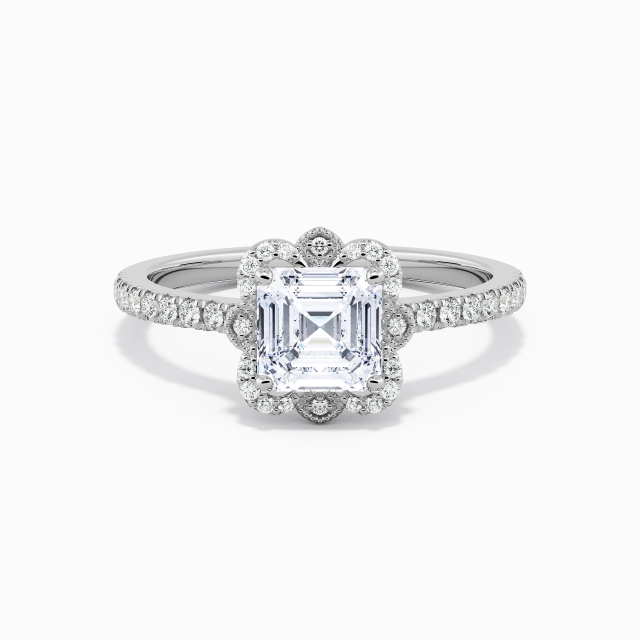 Rétro Asscher Moissanite Bague de fiançailles Signet Bague de fiançailles 1.00ct En Blanc Platine Halo Cathédrale Tige Droite
