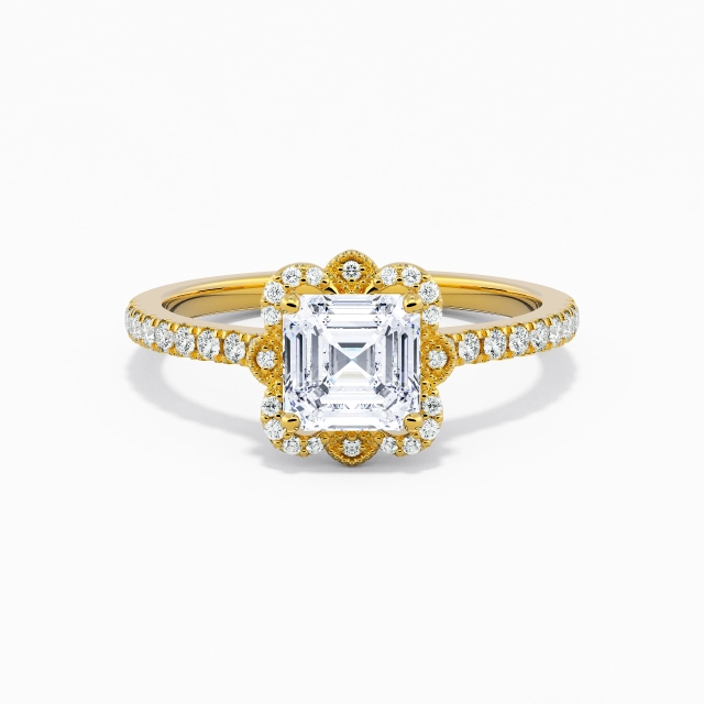 925 Sterling Silver Halo Cathedral Engagement Ring Plating 18K Yellow Gold Vintage Asscher Moissanite 1.00ct Straight Shank
