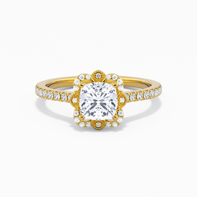 Argent sterling 925 Halo Cathédrale Bague de fiançailles Placage Or jaune 18 carats Rétro Coussin Moissanite 1.00ct Tige Droite