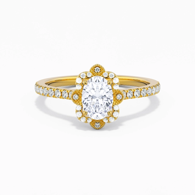Argent sterling 925 Halo Cathédrale Bague de fiançailles Placage Or jaune 18 carats Rétro Ovale Moissanite 1.00ct Tige Droite