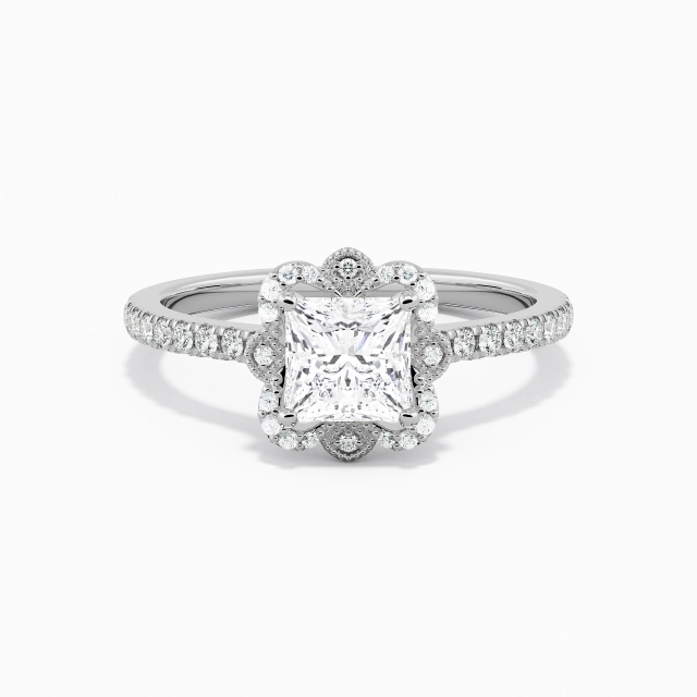 925 Sterling Silver Halo Cathedral Engagement Ring Plating White Gold Vintage Princess Moissanite 1.00ct Straight Shank