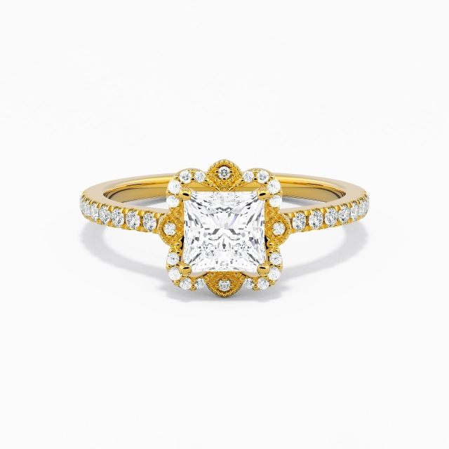 925 Sterling Silver Halo Cathedral Engagement Ring Plating 18K Yellow Gold Vintage Princess Moissanite 1.00ct Straight Shank