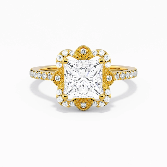 925 Sterling Silver Halo Cathedral Engagement Ring Plating 18K Yellow Gold Vintage Princess Moissanite 2.00ct Straight Shank