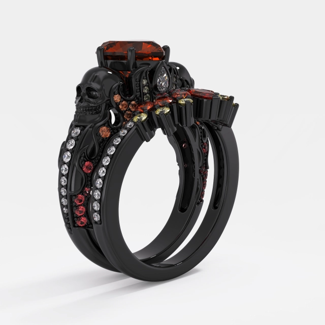 Gothic Skull Wedding Ring Set Women Garnet Red Heart