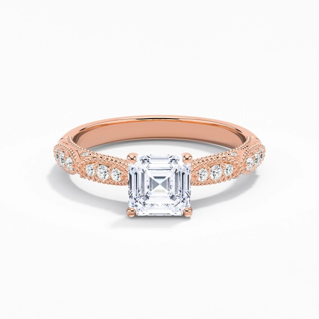 Baroque Beaded Asscher Moissanite Engagement Ring 1.00ct In White 14K Rose Gold Prong