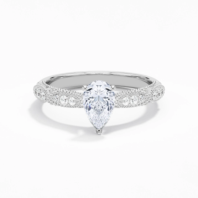 Baroque Beaded Pear Moissanite Engagement Ring 1.00ct In White 925 Sterling Silver Prong