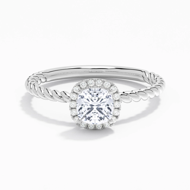 Moderne Fil Spiralé Coussin Moissanite Bague de fiançailles 1.00ct En Blanc Or blanc 14 carats Halo Tourner VANCARO Logo Image