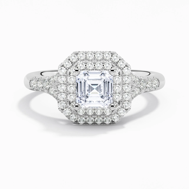 Le luxe Asscher Moissanite Bague de fiançailles 1.00ct En Blanc Platine Double Halo Tige Fendue