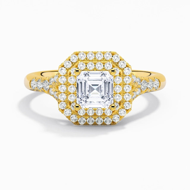 Split Shank Luxury Double Halo Engagement Ring Moissanite 1.00ct Asscher 925 Sterling Silver