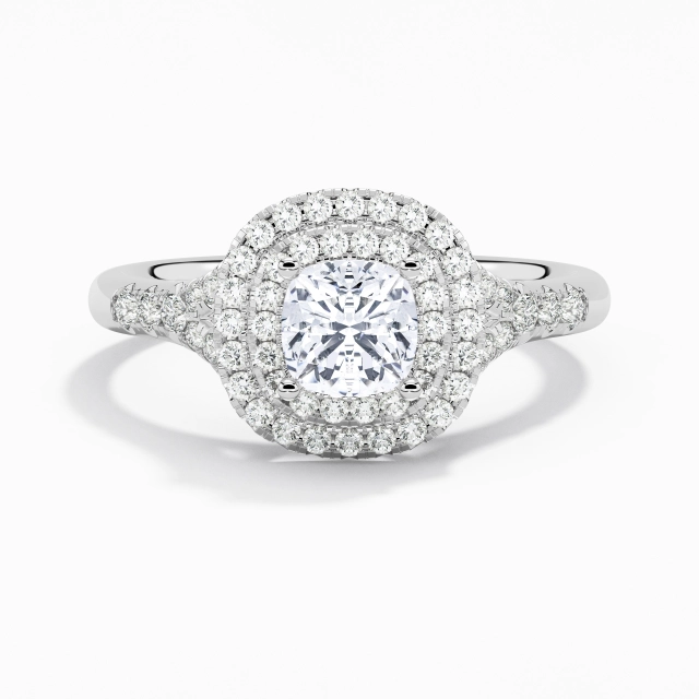 Split Shank Luxury Double Halo Engagement Ring Moissanite 1.00ct Cushion 925 Sterling Silver