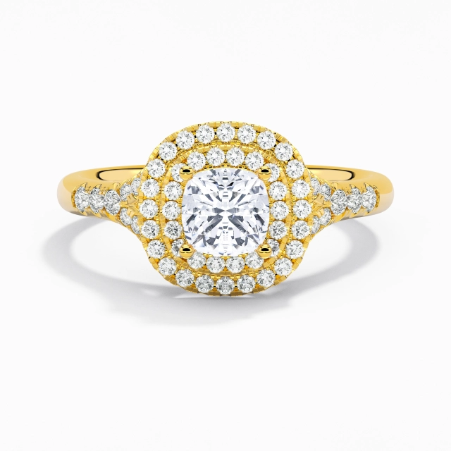 Split Shank Luxury Double Halo Engagement Ring Moissanite 1.00ct Cushion 925 Sterling Silver