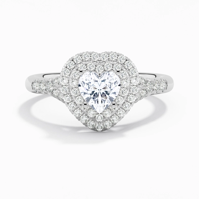 Split Shank Luxury Double Halo Engagement Ring Moissanite 1.00ct Heart 925 Sterling Silver