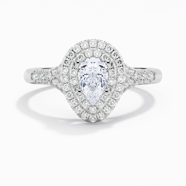 Pata dividida Lujo Doble aro de halo Anillo de Compromiso Moissanita 1.00ct Pera Plata esterlina 925