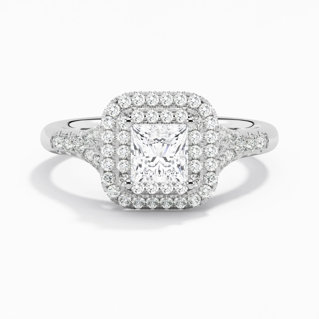 Split Shank Luxury Double Halo Engagement Ring Moissanite 1.00ct Princess 925 Sterling Silver