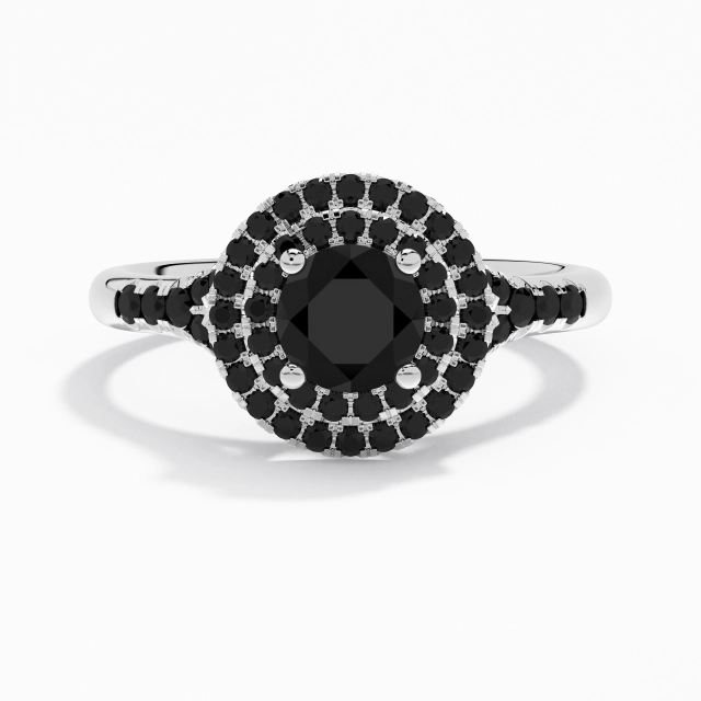 Lujo Redondo Circonio cúbico Anillo de Compromiso 1.00ct En Blanco Negro Plata esterlina 925 Doble aro de halo Pata dividida