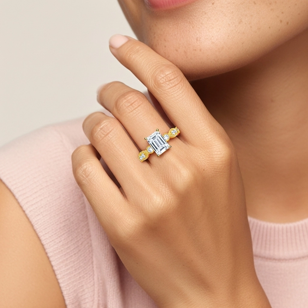 Antique Emerald 0.80ct Moissanite Engagement Ring