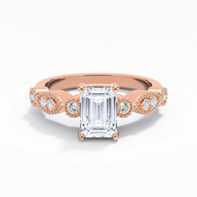 Antique Beaded Emerald Moissanite Engagement Ring 1.00ct In White 14K Rose Gold Pavé