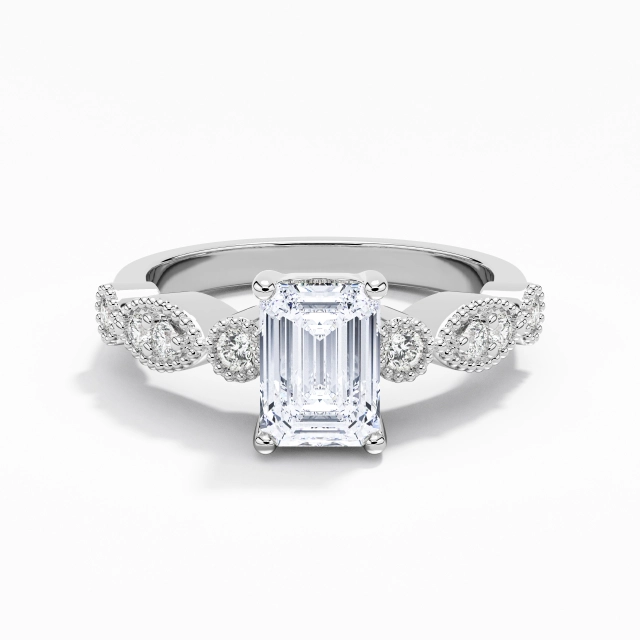 Antique Perlé Émeraude Moissanite Bague de fiançailles 1.00ct En Blanc Platine Pavé