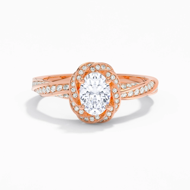 Charming Oval Moissanite Engagement Ring 1.00ct In White 14K Rose Gold Halo Pavé Twist