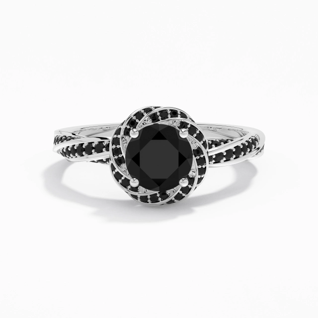 Encantador Redondo Circonio cúbico Anillo de Compromiso 1.00ct En Blanco Negro Plata esterlina 925 Aro de halo Pavé Torsión