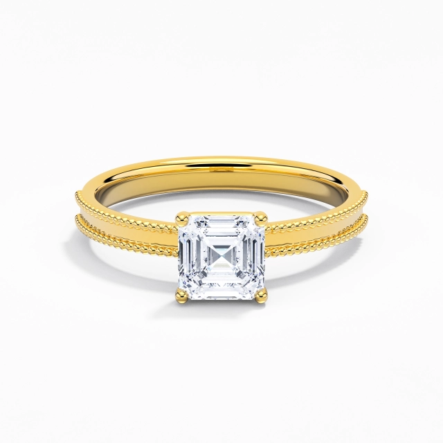 1.00ct Asscher Moissanite Engagement Ring 925 Sterling Silver Solitaire Beaded Wide Straight Shank
