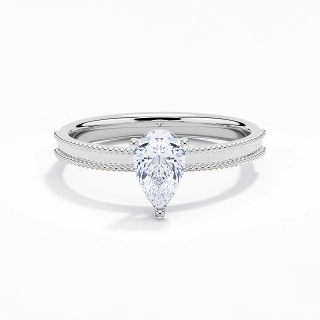 1.00ct Pear Moissanite Engagement Ring 925 Sterling Silver Solitaire Beaded Wide Straight Shank