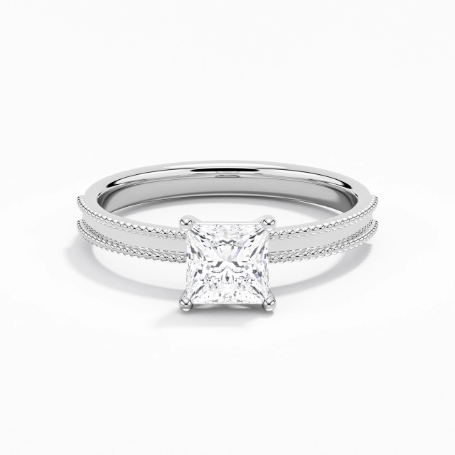 1.00ct Princess Moissanite Engagement Ring 925 Sterling Silver Solitaire Beaded Wide Straight Shank