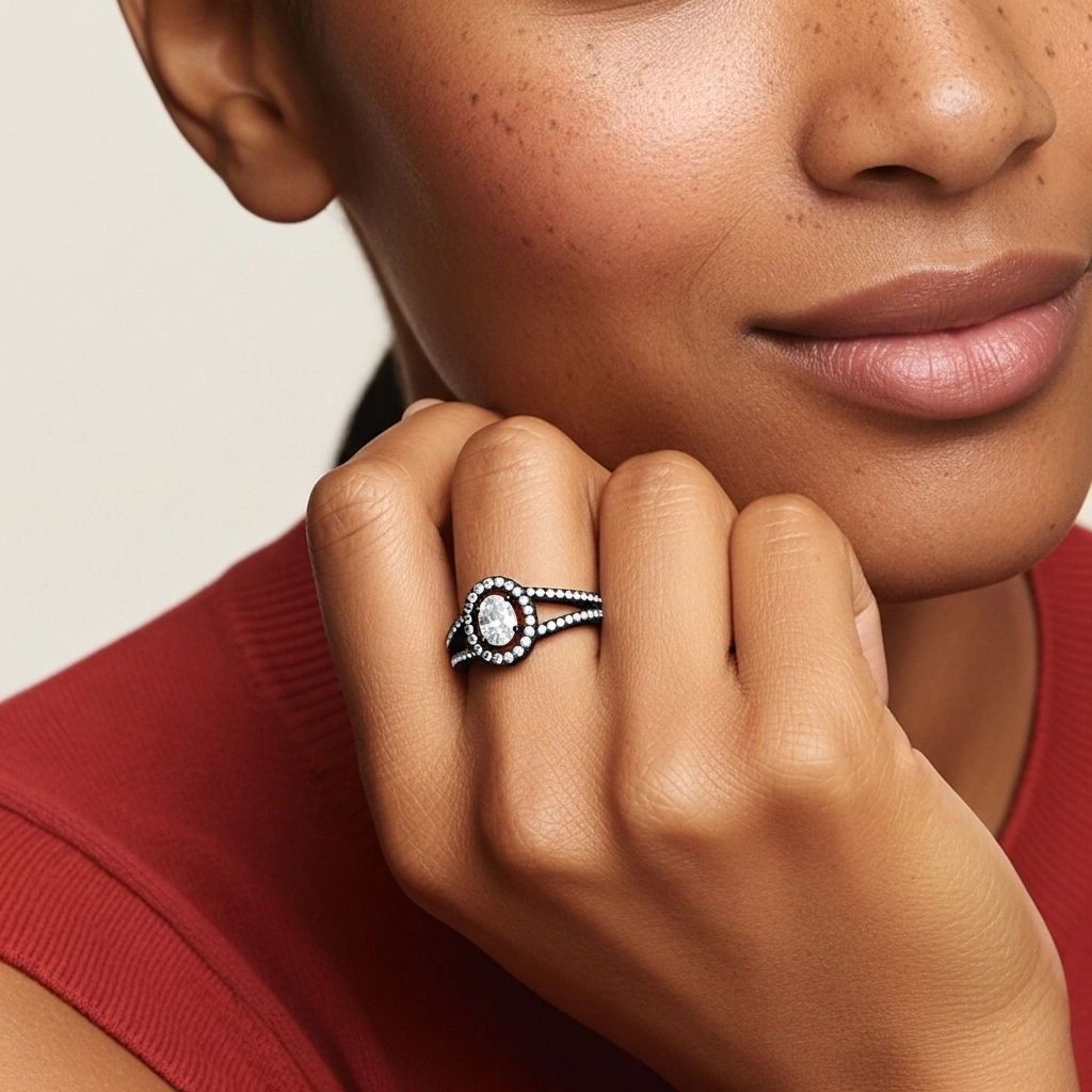 925 Sterling Silver Halo Embedded Split Shank Engagement Ring