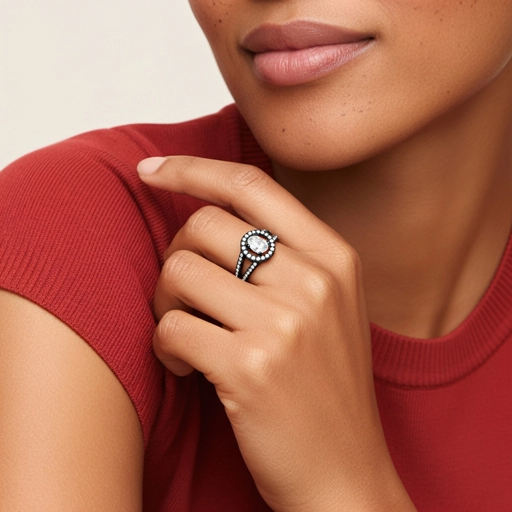 925 Sterling Silver Halo Embedded Split Shank Engagement Ring