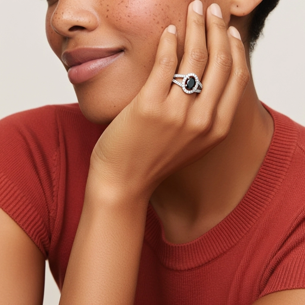 925 Sterling Silver Halo Embedded Split Shank Engagement Ring