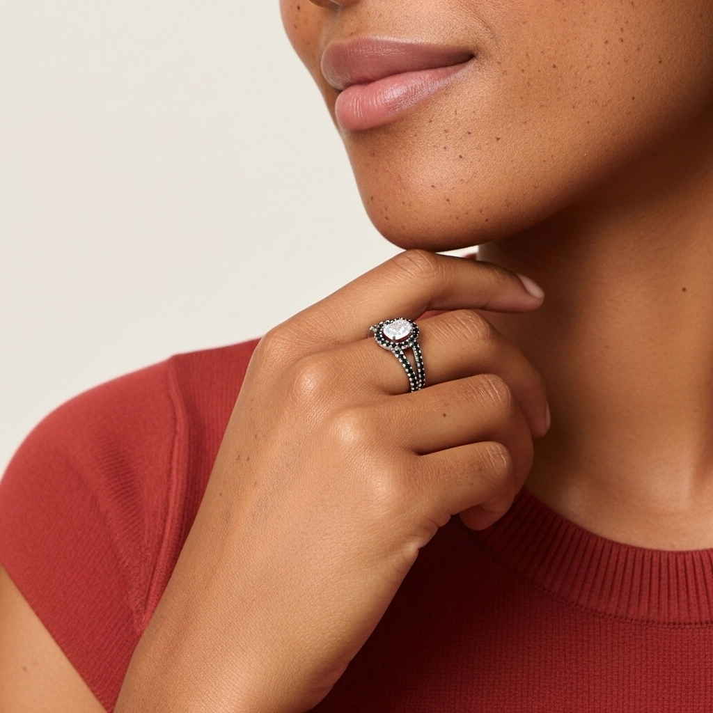 925 Sterling Silver Halo Embedded Split Shank Engagement Ring