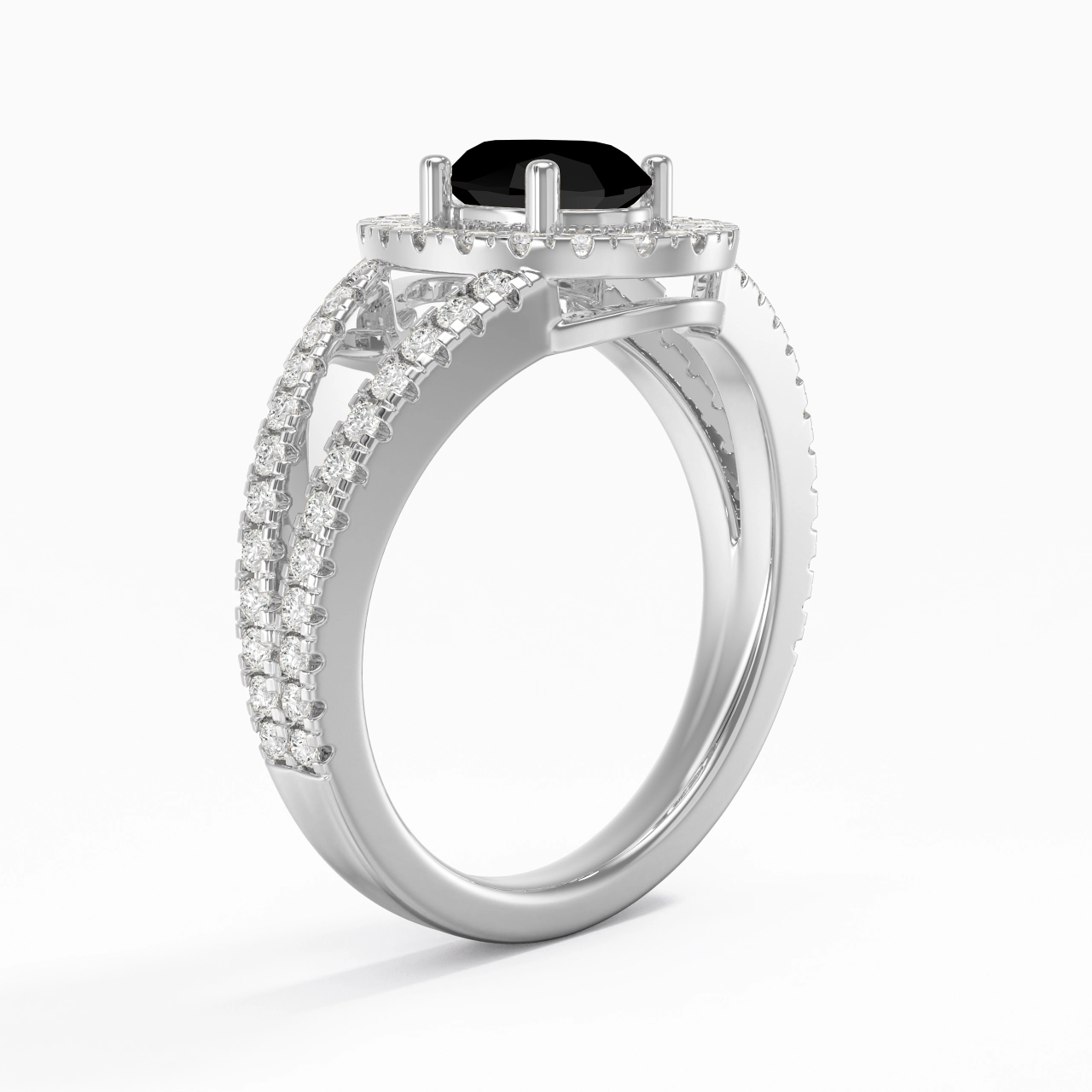 925 Sterling Silver Halo Embedded Split Shank Engagement Ring