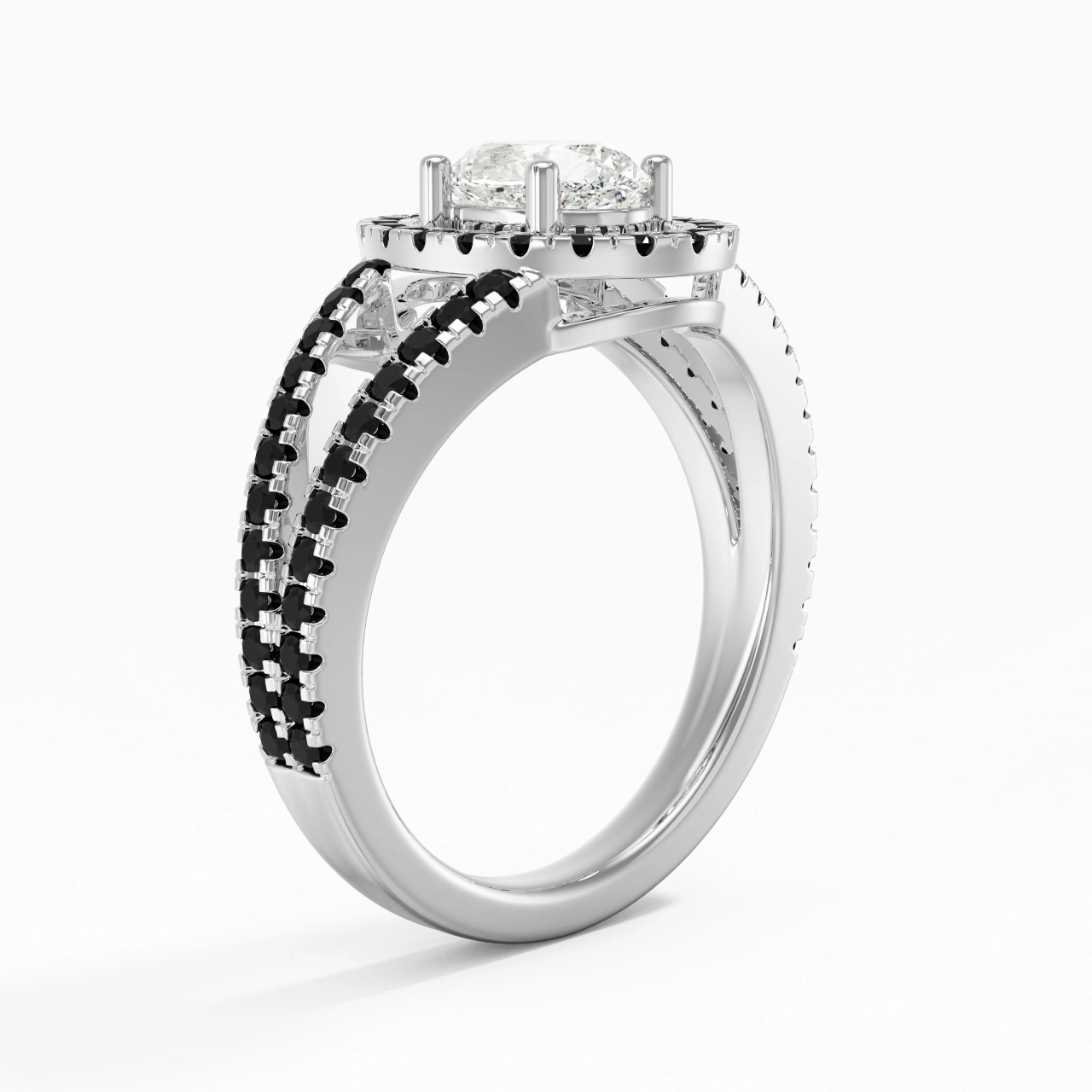 925 Sterling Silver Halo Embedded Split Shank Engagement Ring