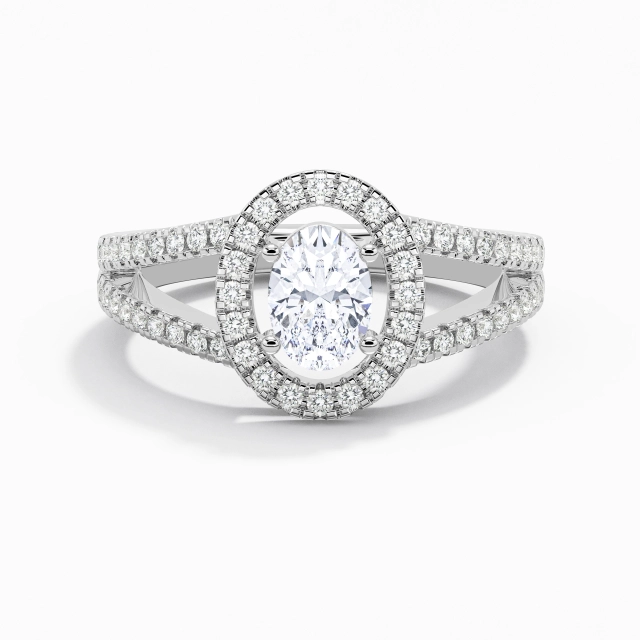 925 Sterling Silver Halo Embedded Engagement Ring Polish Silver Elegant Oval Moissanite 0.50ct Split Shank