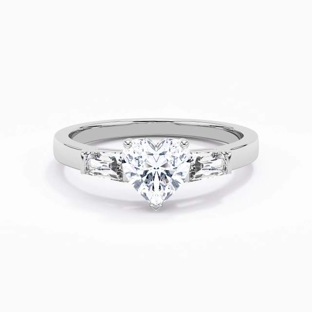 14K White Gold Three Stone Baguette Engagement Ring Polish Simple Heart Baguette Moissanite 1.25ct Straight Shank