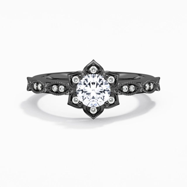 Black Cluster Retro Blossom Beaded Flower 0.75ct Cubic Zirconia Engagement Ring Traditional Shank 925 Sterling Silver