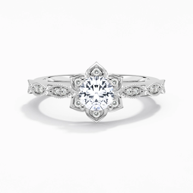 Platine Grappe Bague de fiançailles Polonais Rétro Fleurir Perlé Fleur Rond Moissanite 0.75ct Tige Traditionnelle Platine Grappe Bague de fiançailles Polonais Rétro Fleurir Perlé Fleur Rond Moissanite 0.75ct Tige Traditionnelle