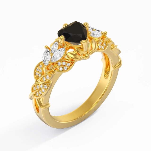 Negro Corazón Personalizado Anillo de Compromiso Plata esterlina 925 Pavé Único Flor Hoja Pata tradicional Mujer