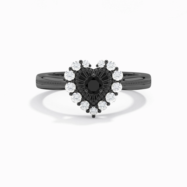 925 Sterling Silver Cluster Promise Ring Polish Black Unique Beaded Heart Round Cubic Zirconia Reverse Tapered