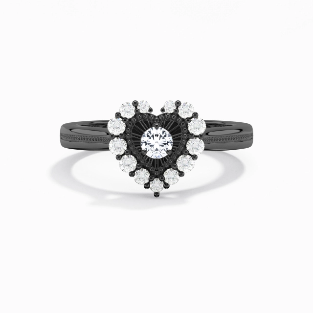 925 Sterling Silver Cluster Promise Ring Polish Black Unique Beaded Heart Round Cubic Zirconia Reverse Tapered