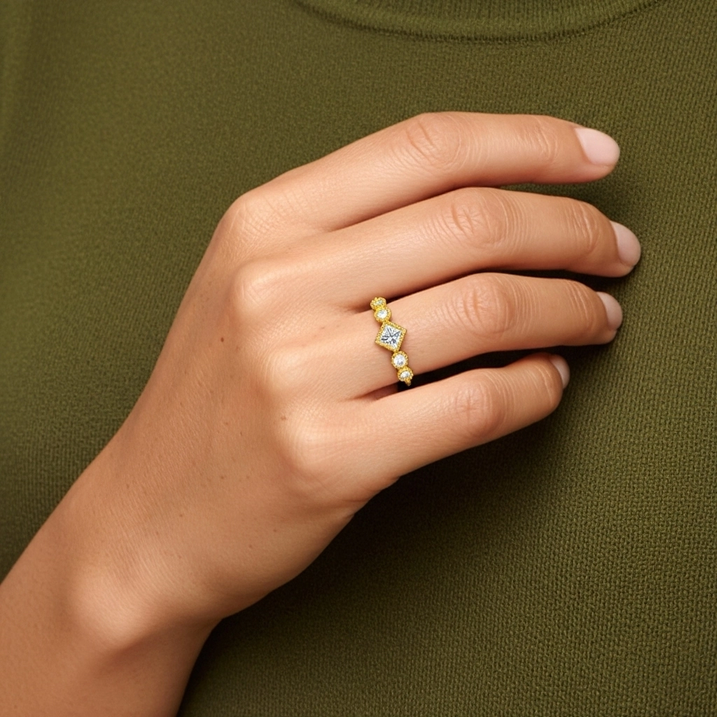 Art Deco Antique Beaded Moissanite Wedding Band