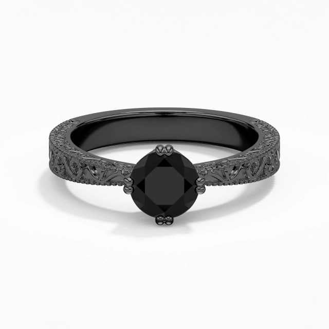 Argent sterling 925 Est Ouest Coutume Bague de fiançailles Buriner Placage Noir Antique Sculpté Crené Volutes Rond Zircon cubique 1.00ct Conique Inversée