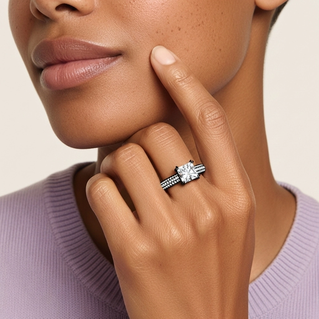 Argent sterling 925 Pavé Tige Traditionnelle Bague de fiançailles