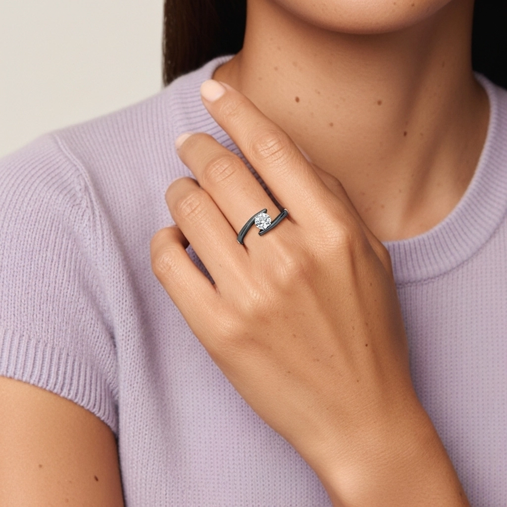 925 Sterling Silver Solitaire Tension Float Bypass Shank Engagement Ring