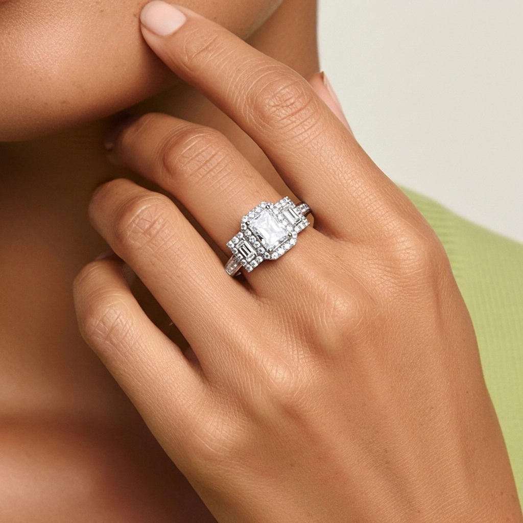 Argent sterling 925 Halo Trois pierres Tige Droite Bague de fiançailles