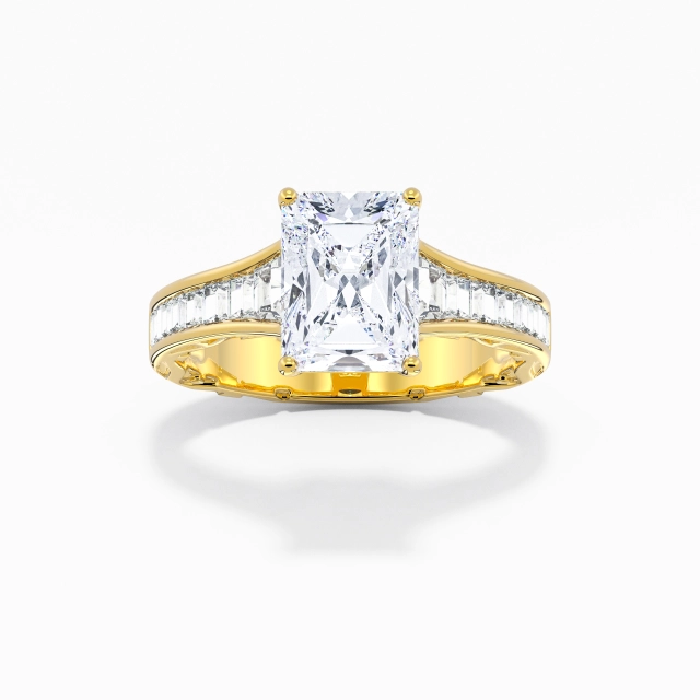 925 Sterling Silver Baguette Engagement Ring Plating 18K Yellow Gold Luxury Milgrain Radiant Cubic Zirconia 2.00ct Flair Shank Channel