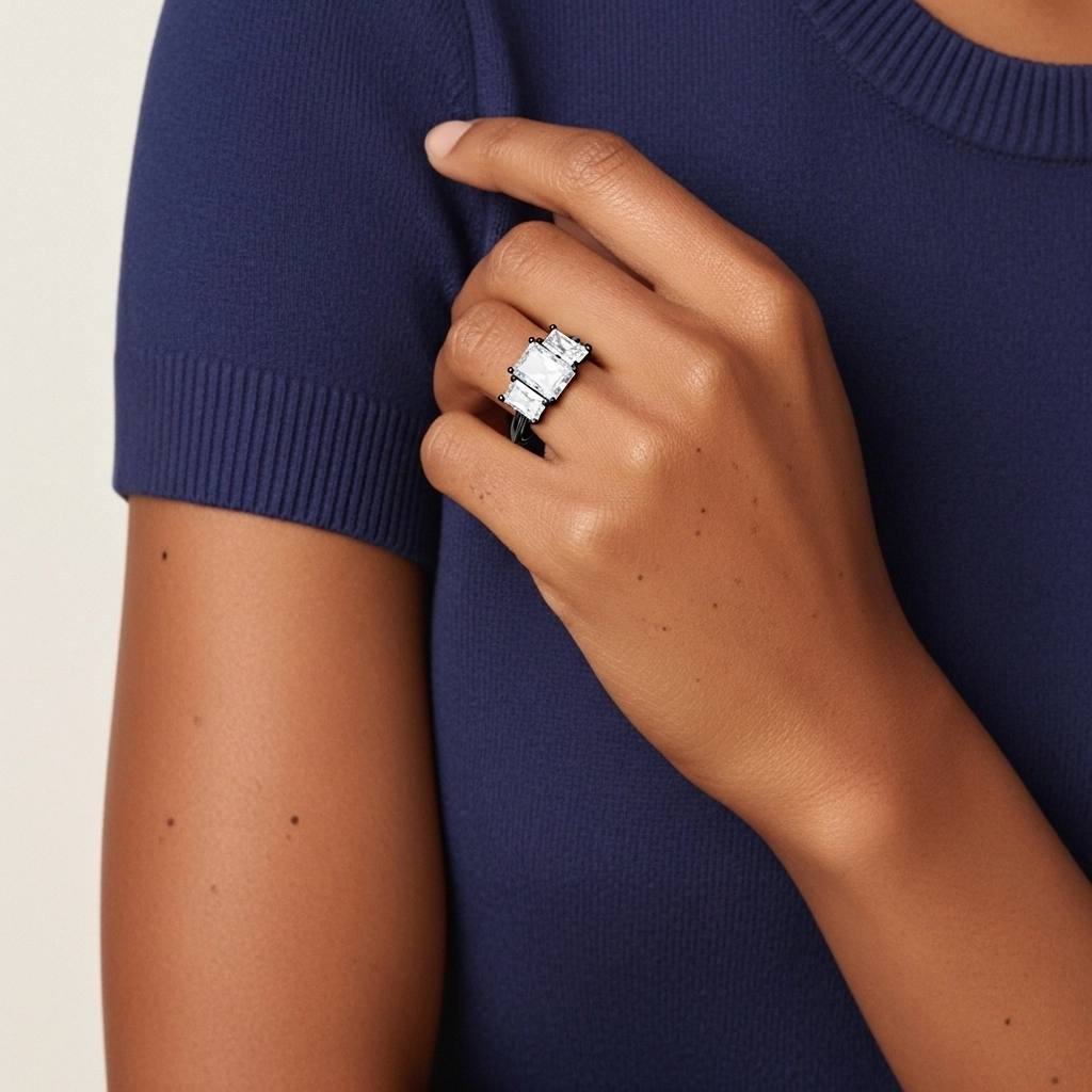 925 Sterling Silver Three Stone Straight Shank Engagement Ring