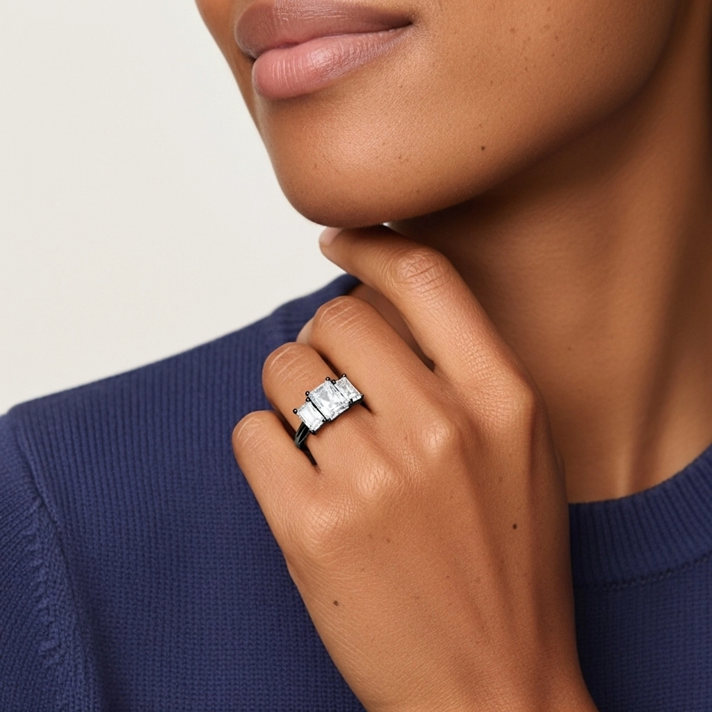 925 Sterling Silver Three Stone Straight Shank Engagement Ring